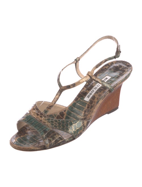 Manolo Blahnik Embossed Leather Animal Print T-Strap Sandals