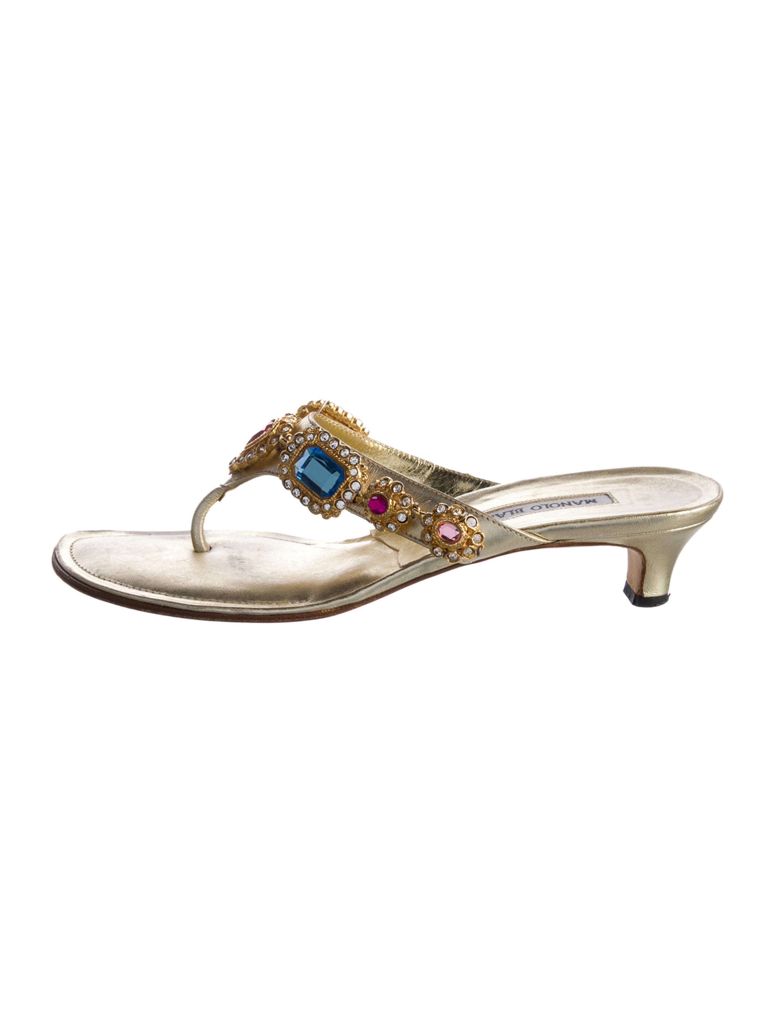 Manolo Blahnik Leather Crystal Embellishments Slides