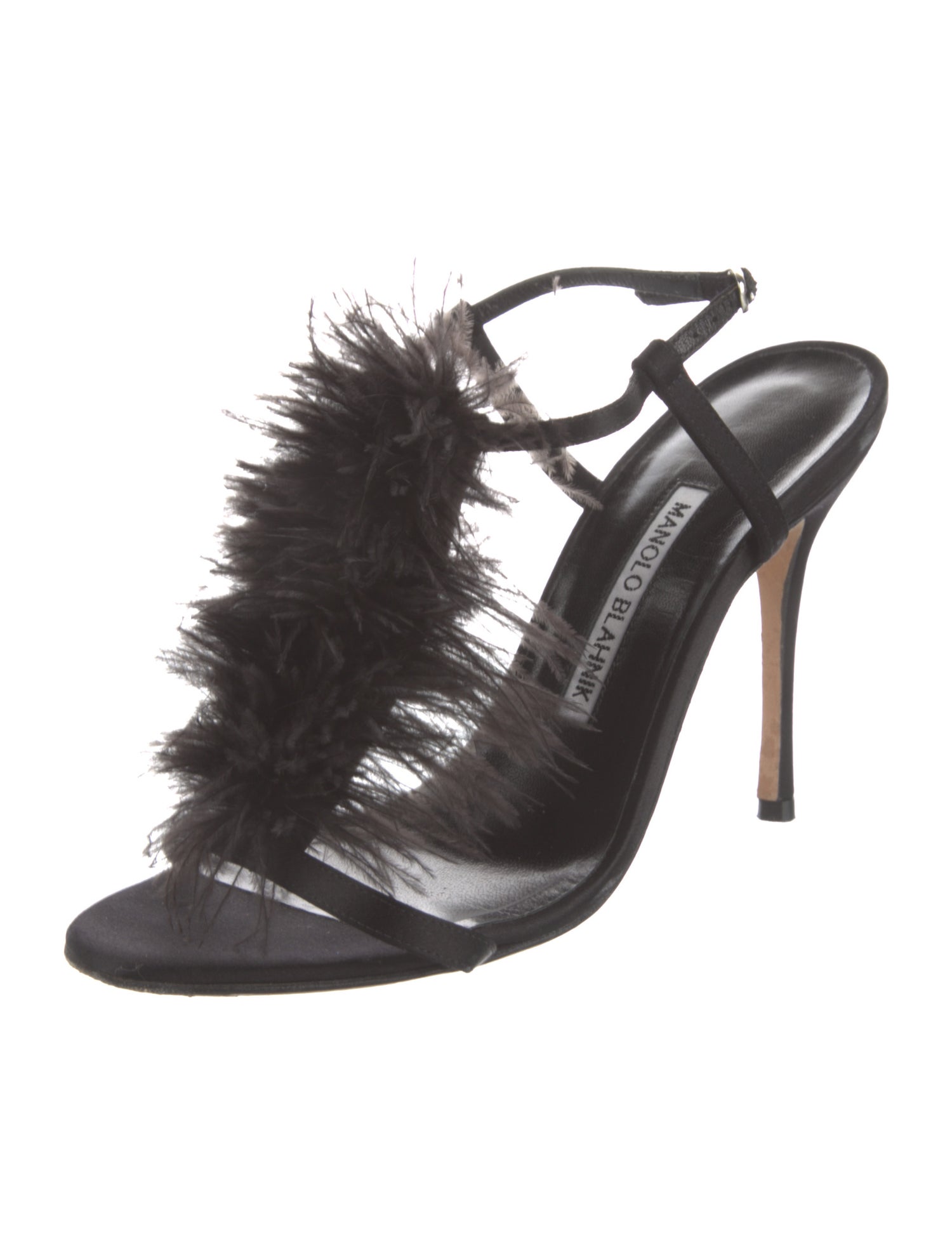 Manolo Blahnik Satin Feather Trim Slingback Sandals