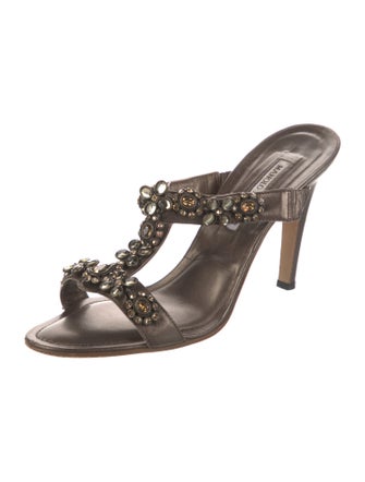 Manolo Blahnik Leather Crystal Embellishments Slides