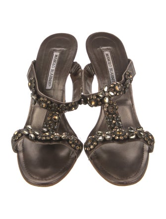 Manolo Blahnik Leather Crystal Embellishments Slides