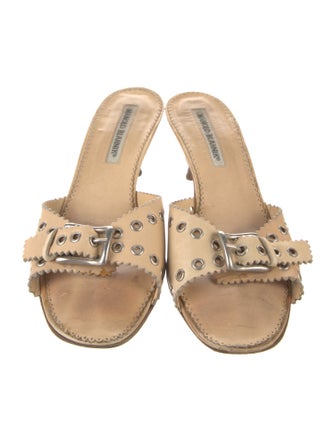 Manolo Blahnik Leather Scalloped Accent Slides