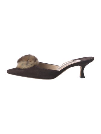 Manolo Blahnik Suede Fur Trim Mules