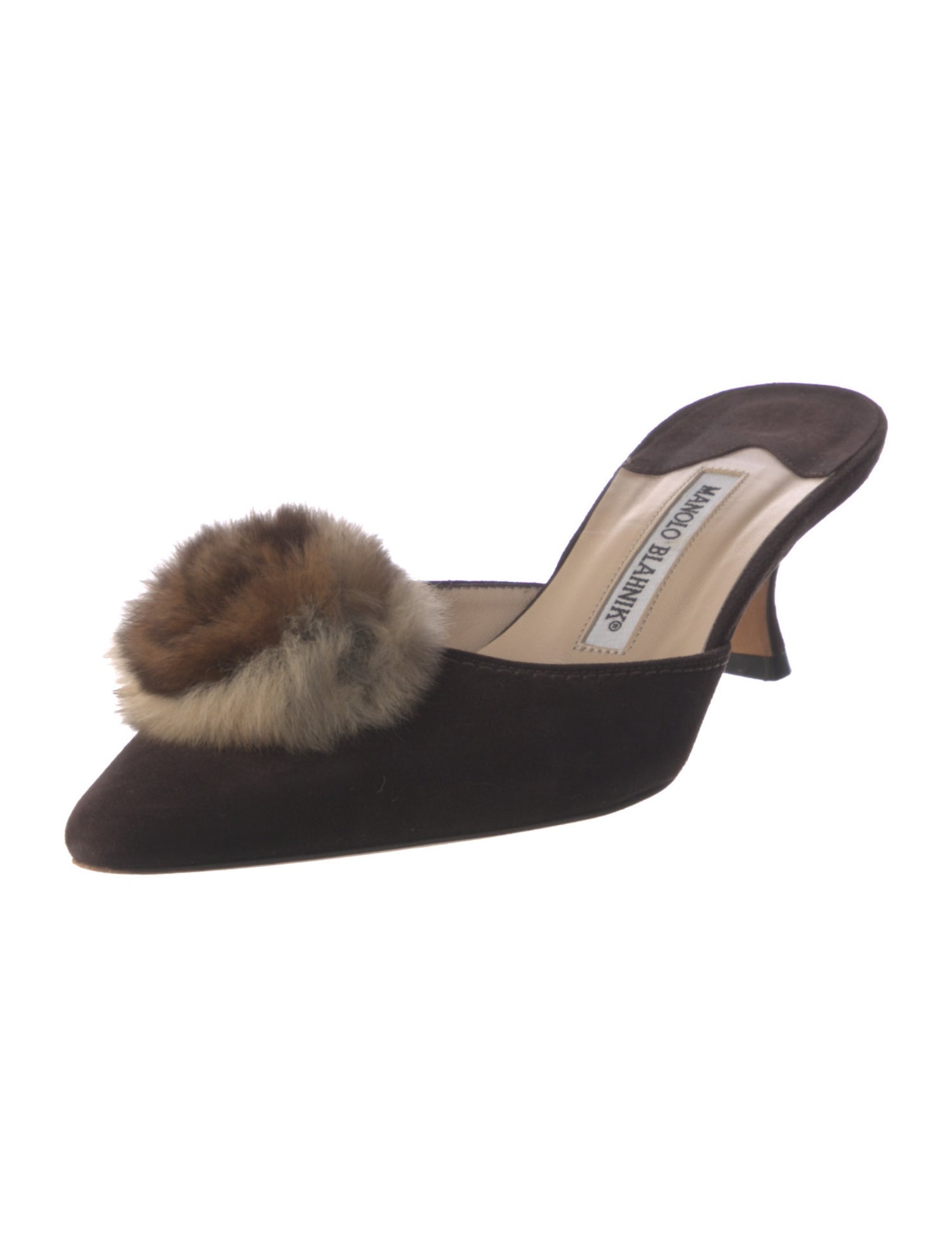 Manolo Blahnik Suede Fur Trim Mules