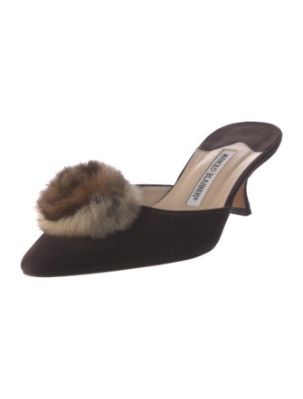 Manolo Blahnik Suede Fur Trim Mules