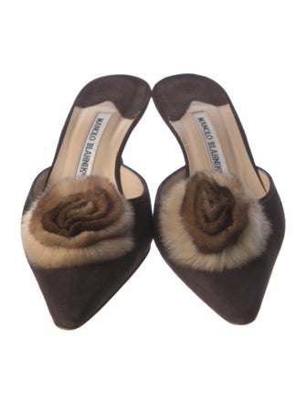 Manolo Blahnik Suede Fur Trim Mules