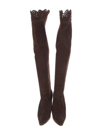 Manolo Blahnik Suede Scalloped Accent Boots