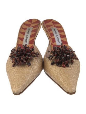 Manolo Blahnik Raffia Beaded Accents Mules