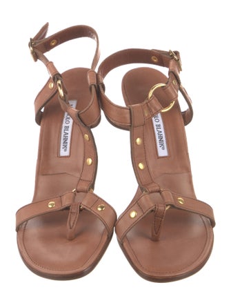 Manolo Blahnik Leather Studded Accents T-Strap Sandals