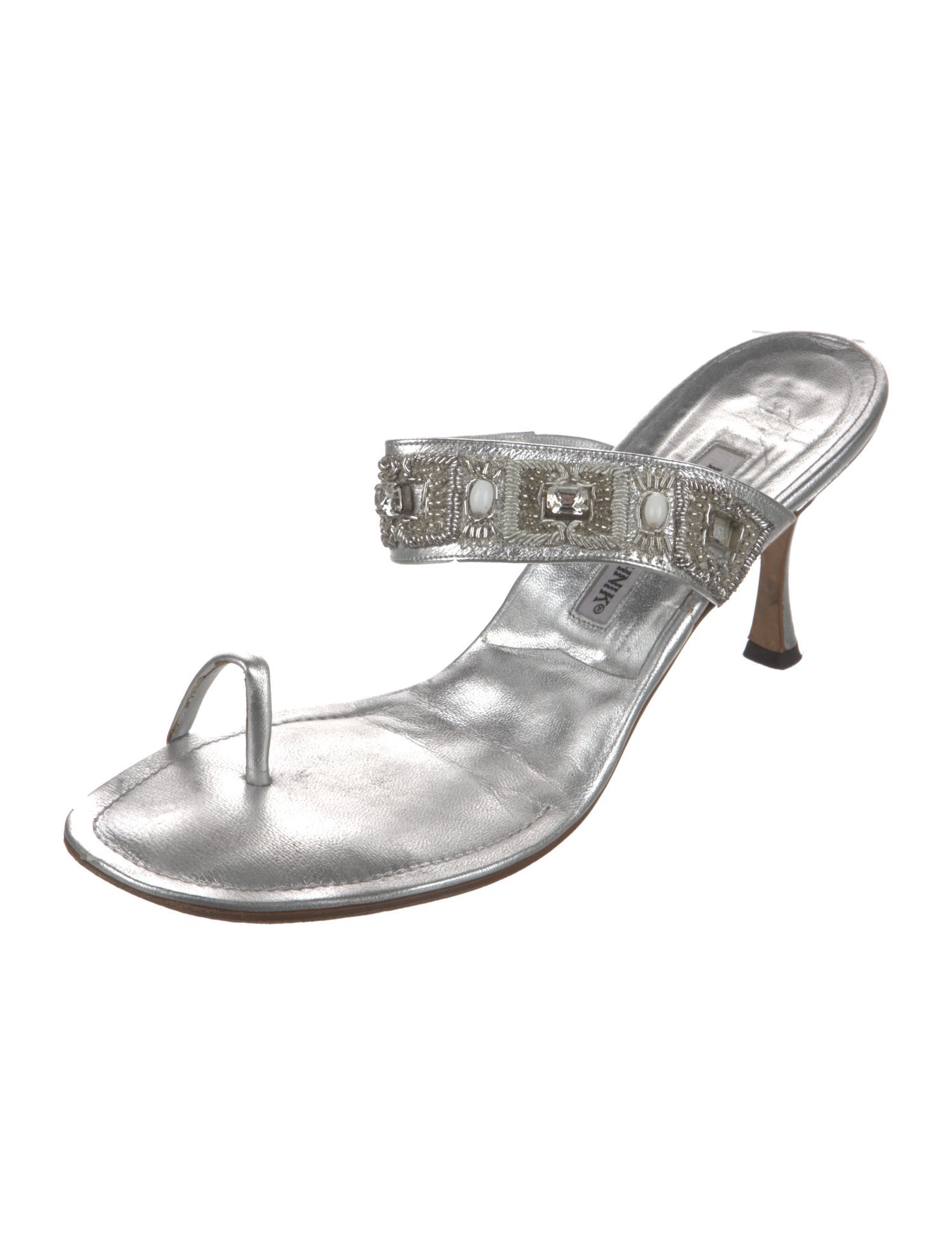 Manolo Blahnik Leather Crystal Embellishments Slides
