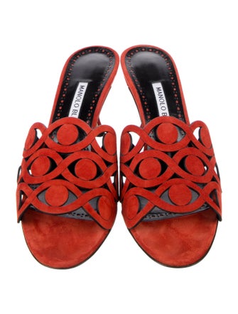 Manolo Blahnik Suede Lasercut Accents Slides