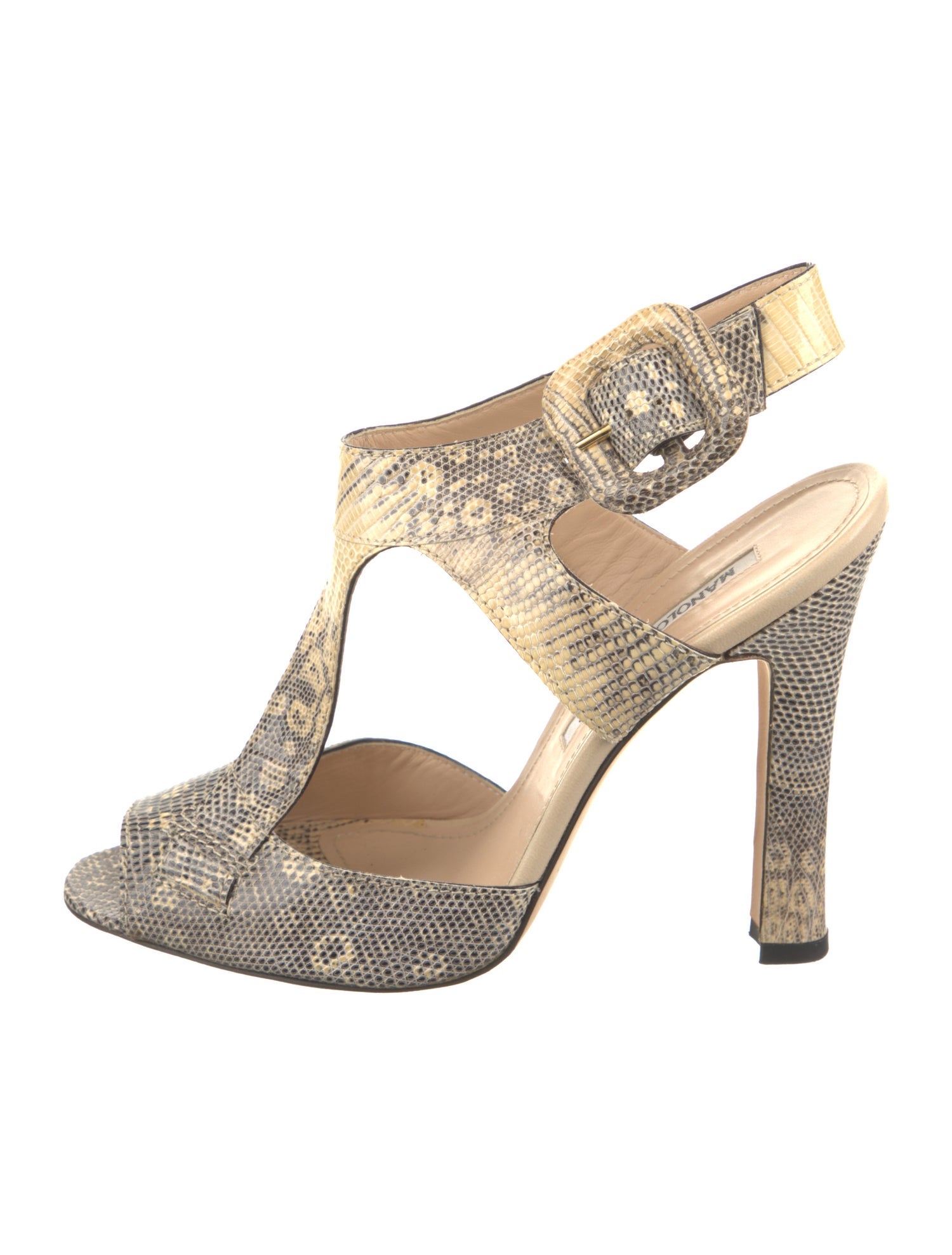 Manolo Blahnik Leather Animal Print T-Strap Sandals