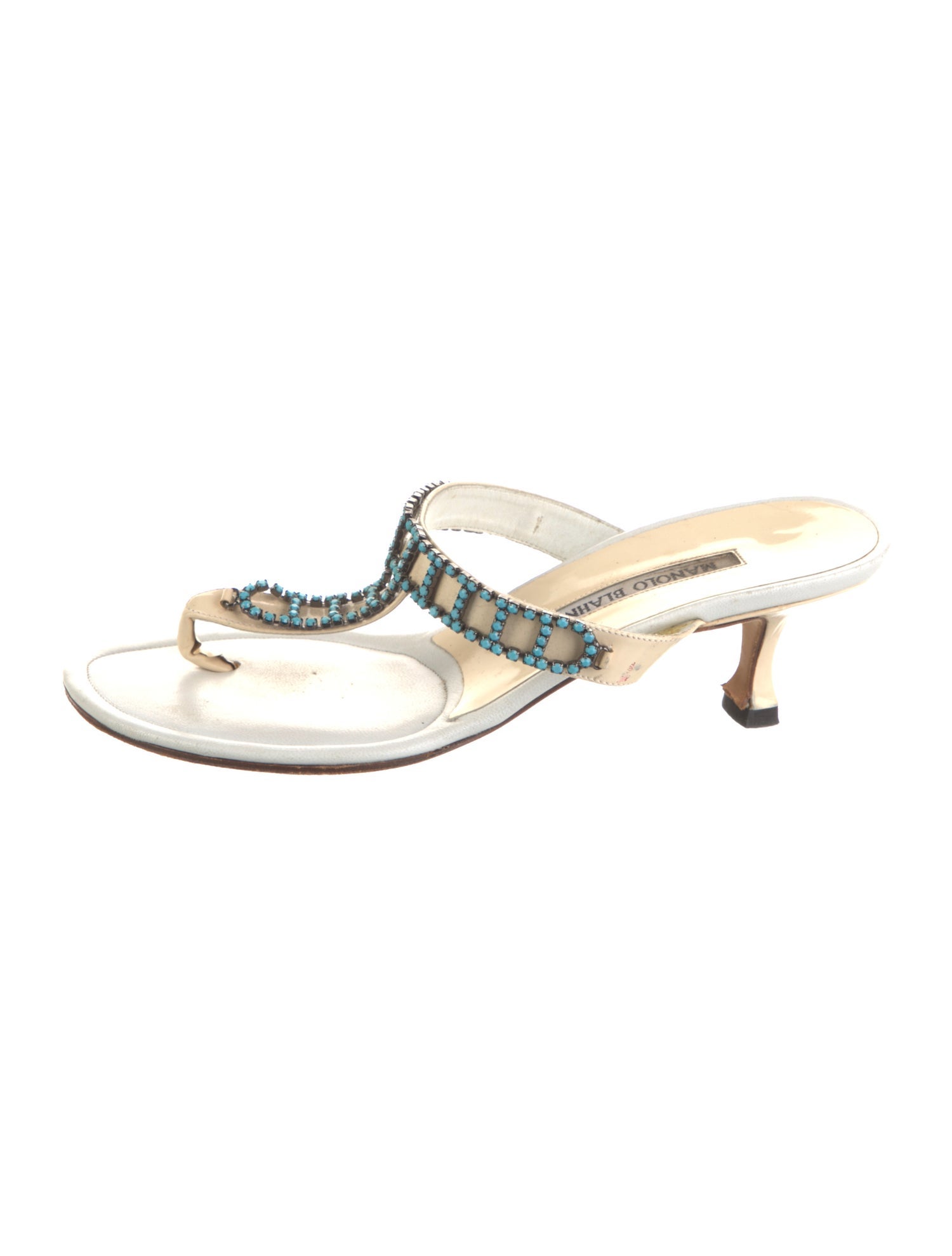 Manolo Blahnik Leather Crystal Embellishments T-Strap Sandals
