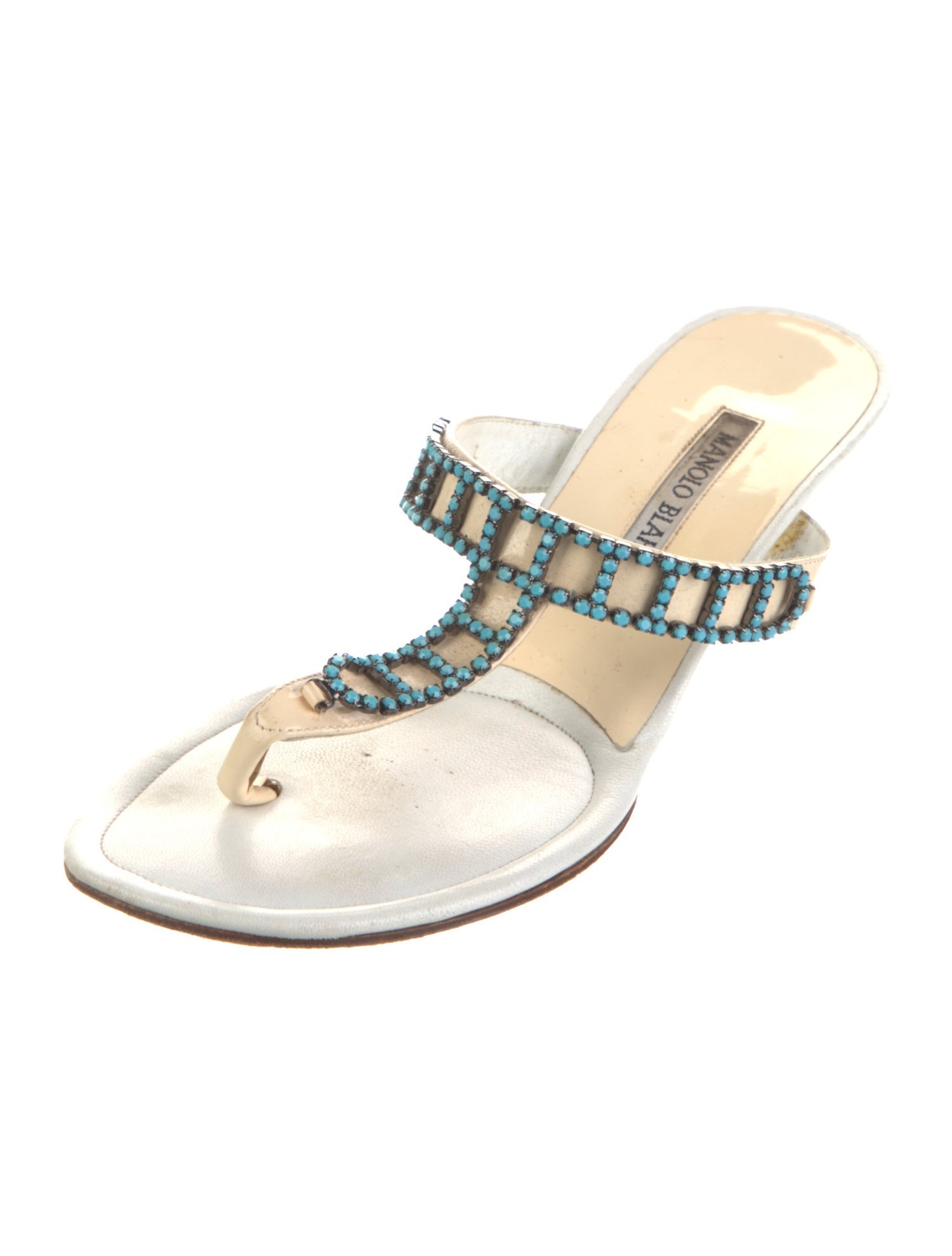 Manolo Blahnik Leather Crystal Embellishments T-Strap Sandals