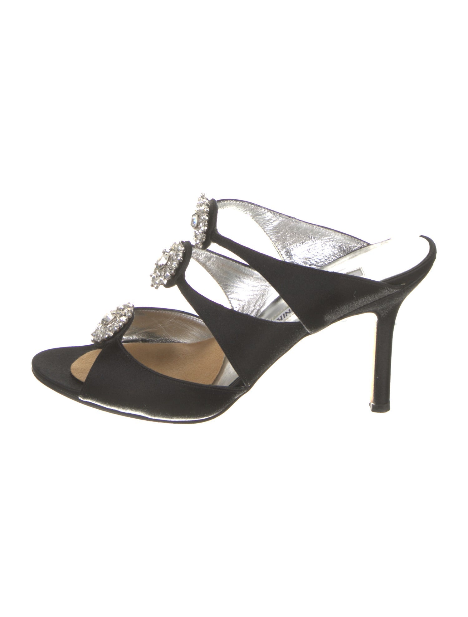 Manolo Blahnik Satin Crystal Embellishments Slides