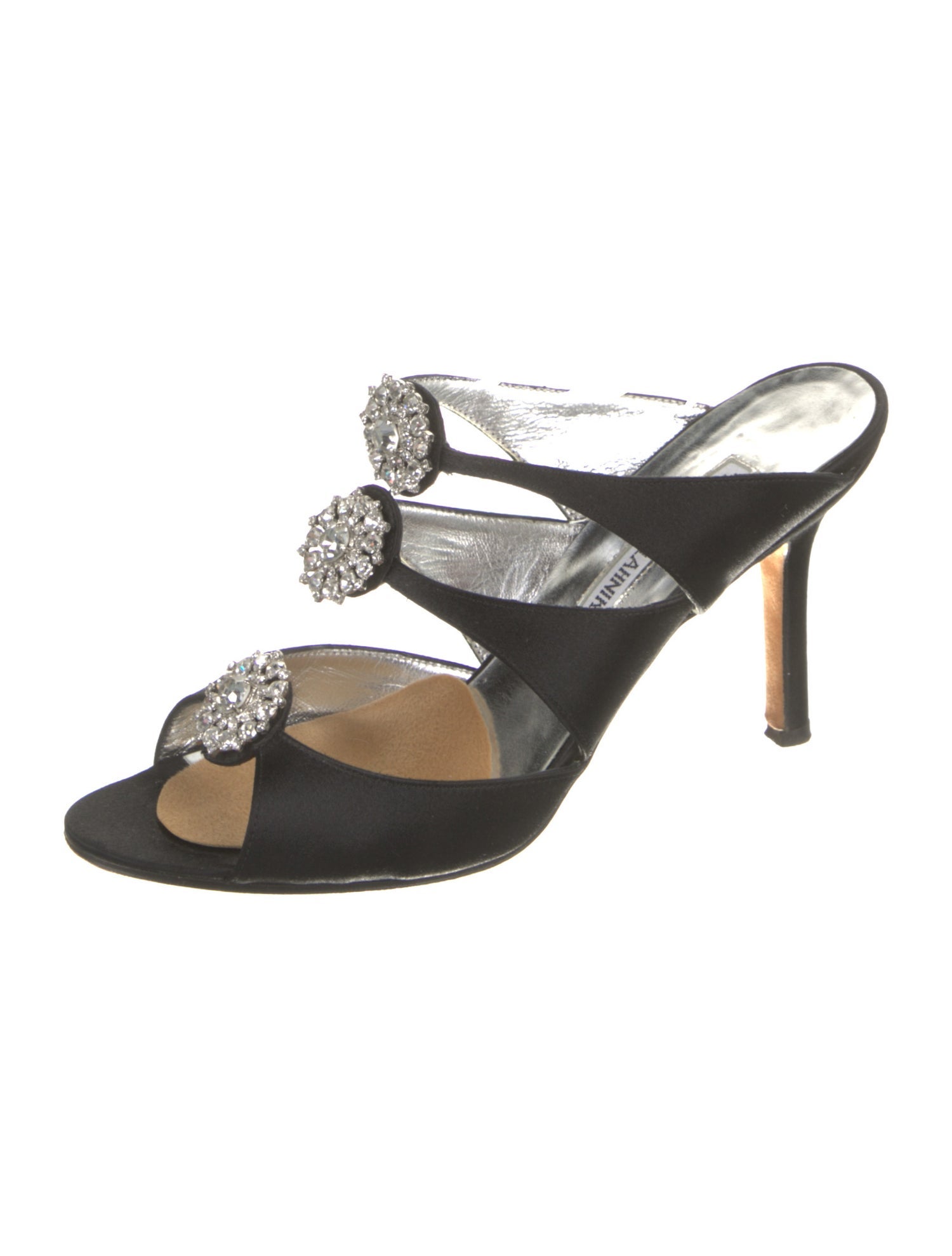 Manolo Blahnik Satin Crystal Embellishments Slides