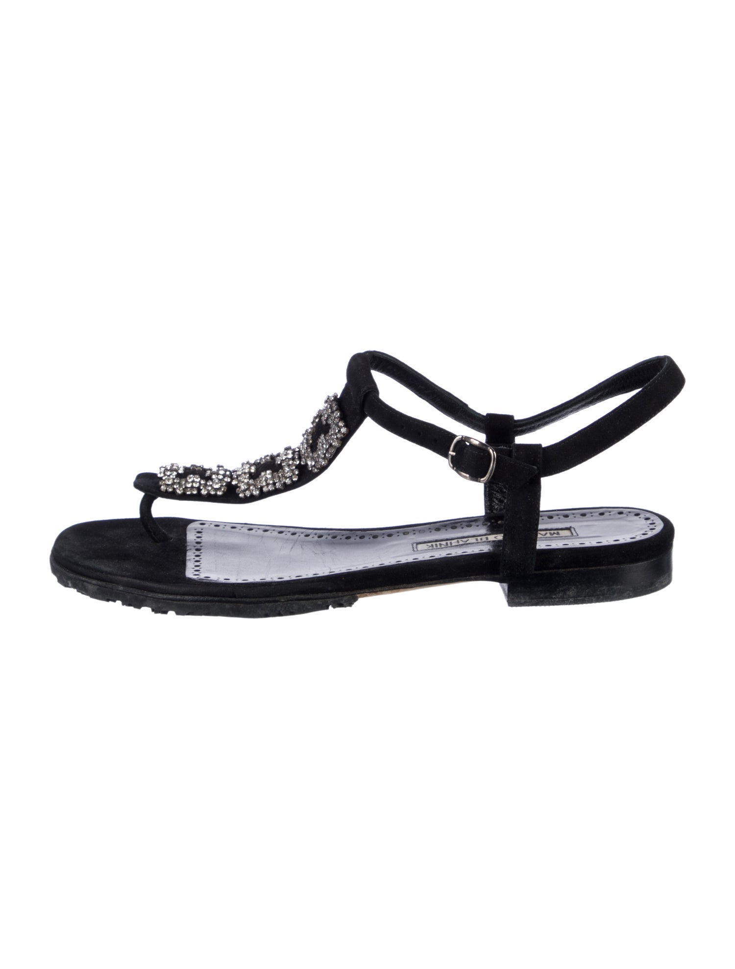 Manolo Blahnik Suede Crystal Embellishments T-Strap Sandals