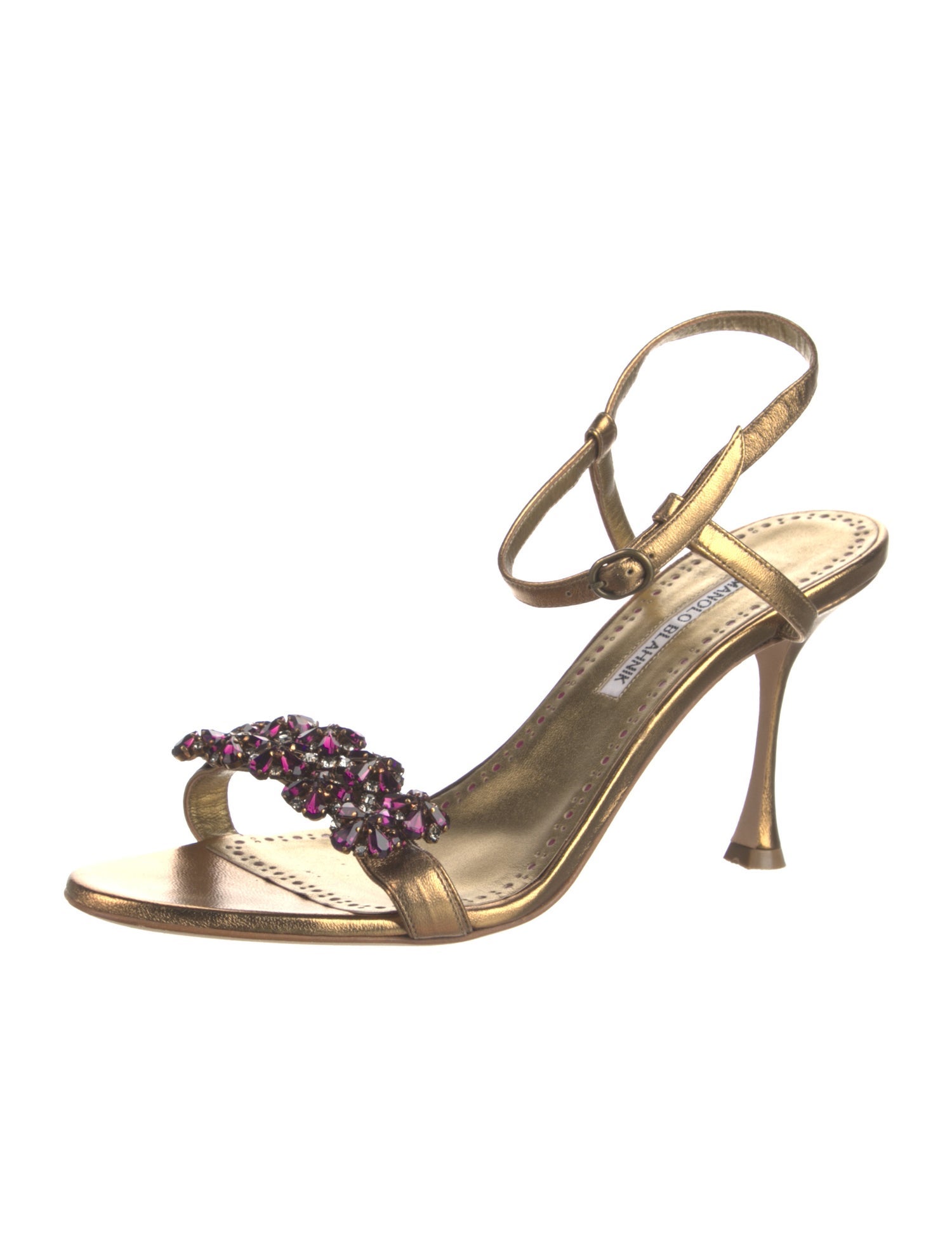 Manolo Blahnik Leather Crystal Embellishments Slingback Sandals