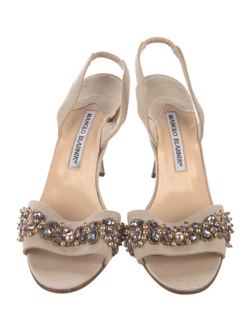 Manolo Blahnik Canvas Beaded Accents Slingback Sandals