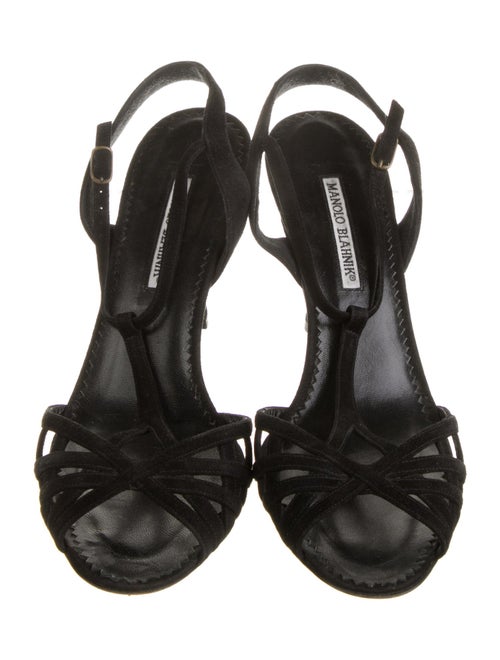 Manolo Blahnik Suede Leather Trim Embellishment T-Strap Sandals