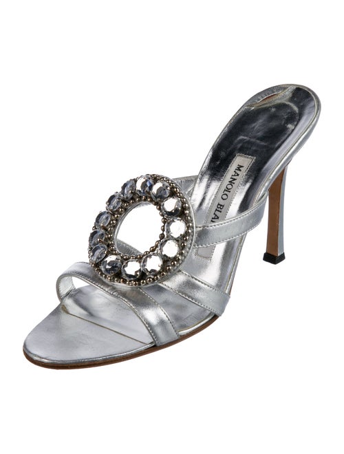 Manolo Blahnik Leather Crystal Embellishments Slides
