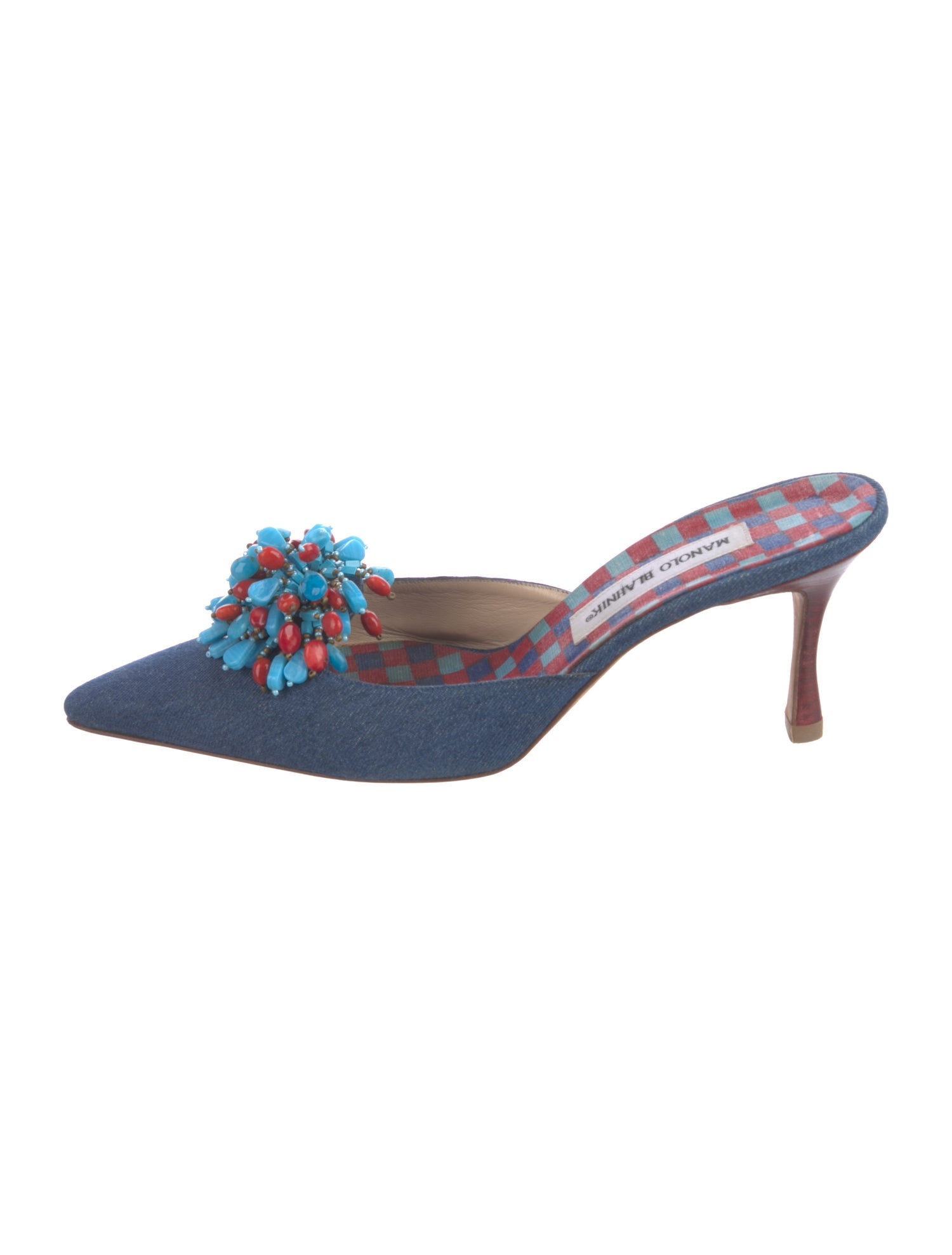 Manolo Blahnik Denim Beaded Accents Mules