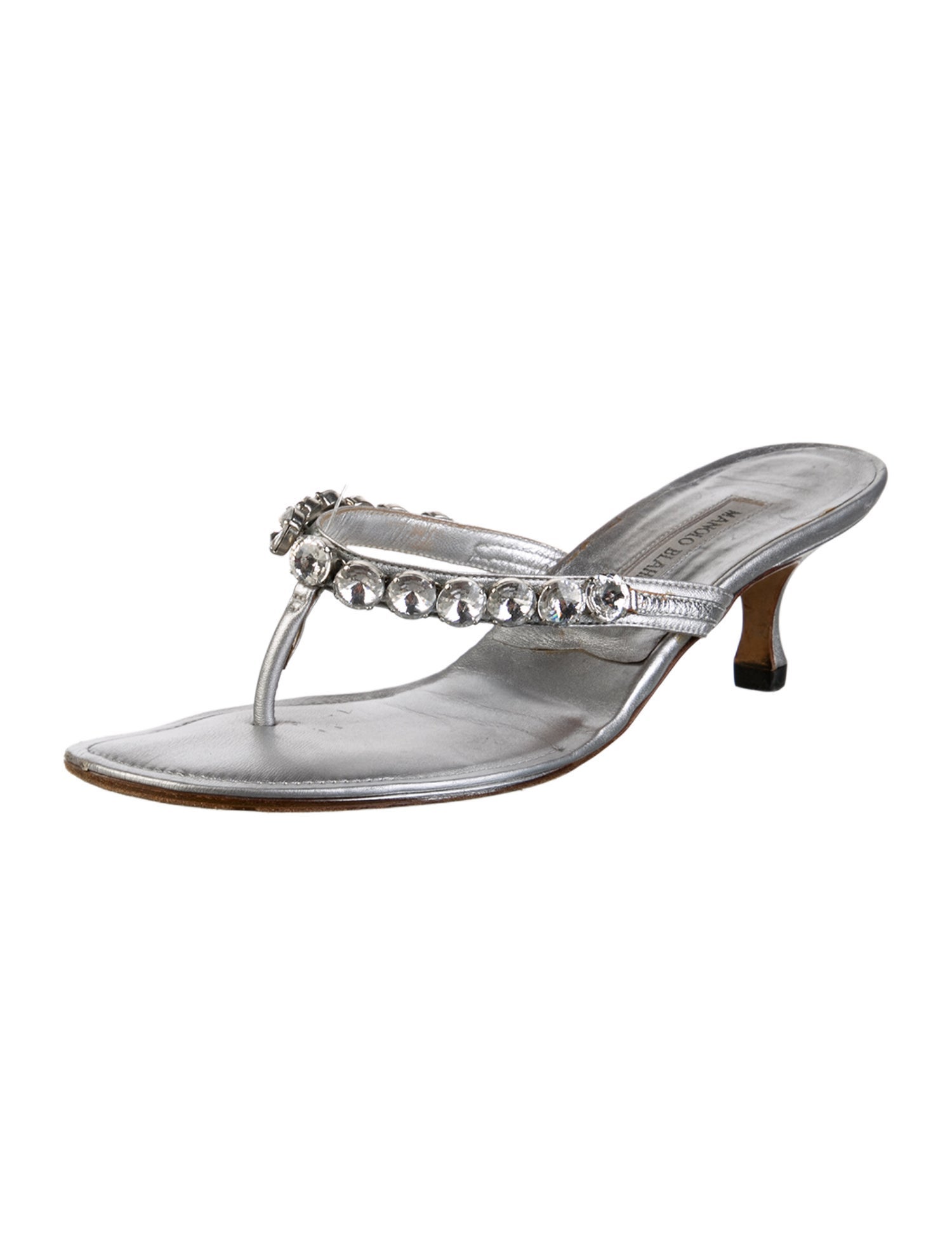 Manolo Blahnik Leather Crystal Embellishments Slides