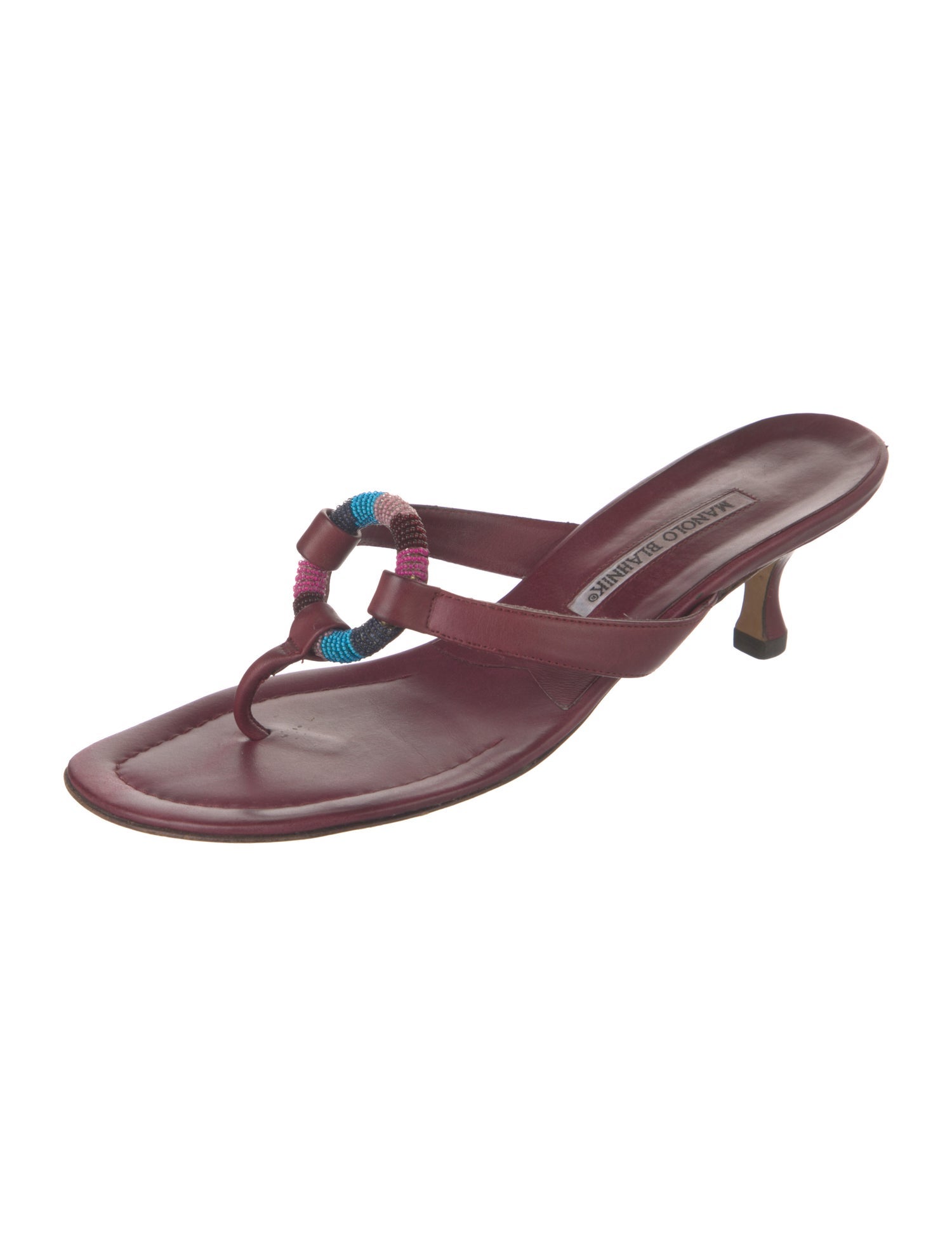 Manolo Blahnik Leather Beaded Accents Flip Flops
