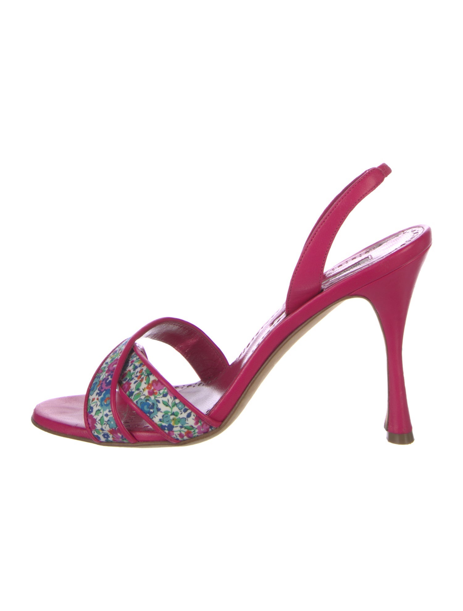 Manolo Blahnik Leather Floral Print Slingback Sandals