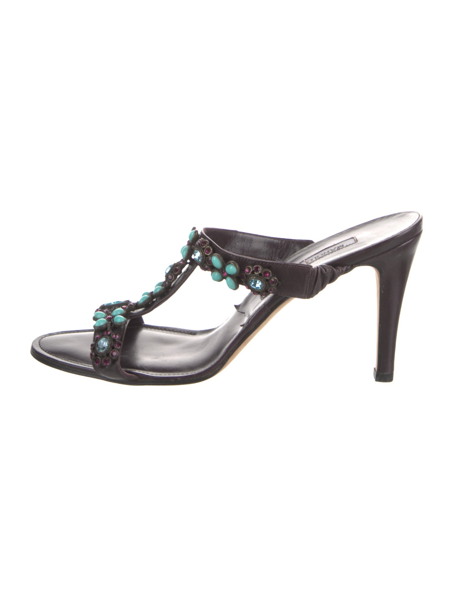 Manolo Blahnik Leather Crystal Embellishments T-Strap Sandals
