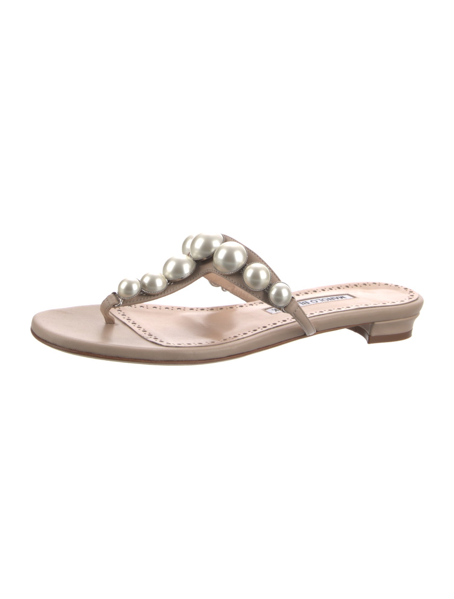 Manolo Blahnik Faux Pearl Accents Leather Flats
