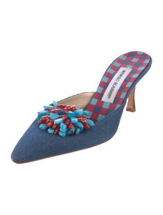 Manolo Blahnik Denim Beaded Accents Mules