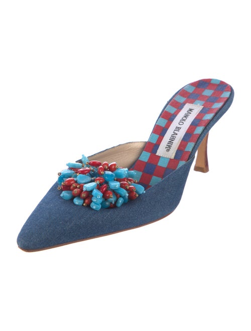 Manolo Blahnik Denim Beaded Accents Mules