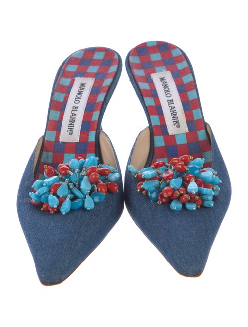Manolo Blahnik Denim Beaded Accents Mules