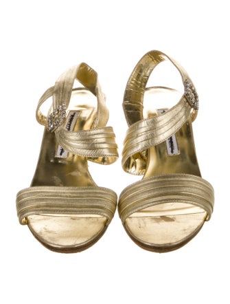 Manolo Blahnik Leather Crystal Embellishments Slingback Sandals