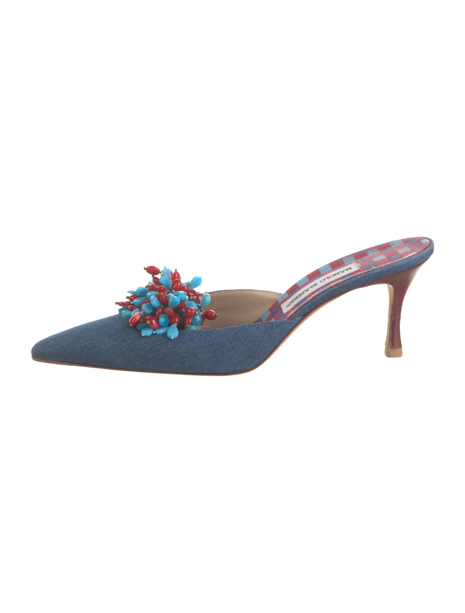 Manolo Blahnik Denim Graphic Print Mules