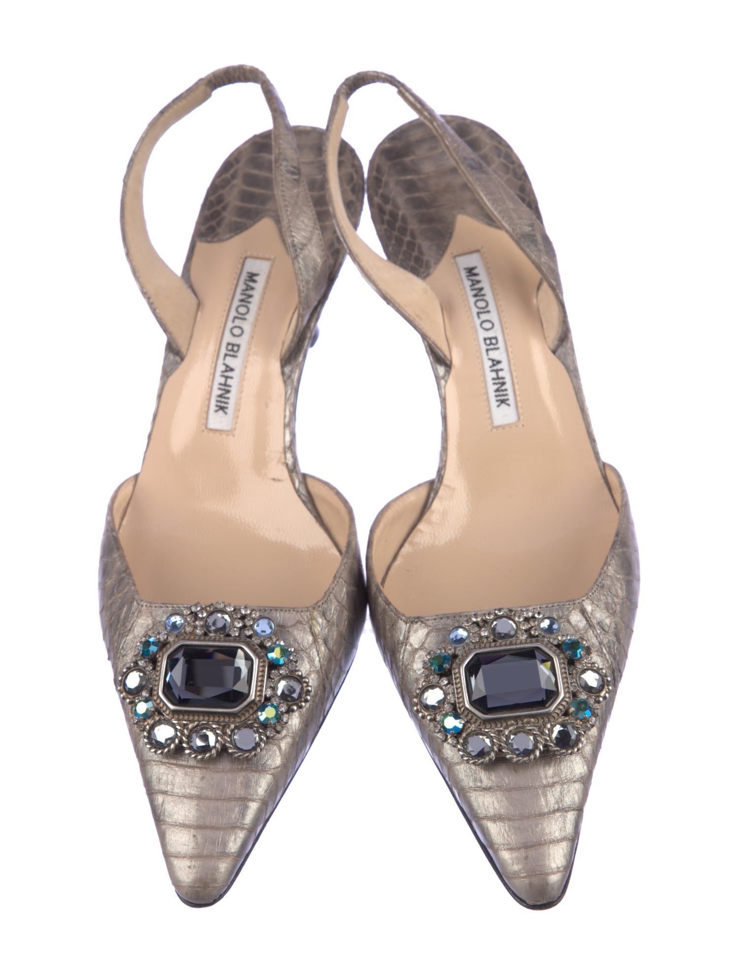 Manolo Blahnik Snakeskin Crystal Embellishments Slingback Pumps