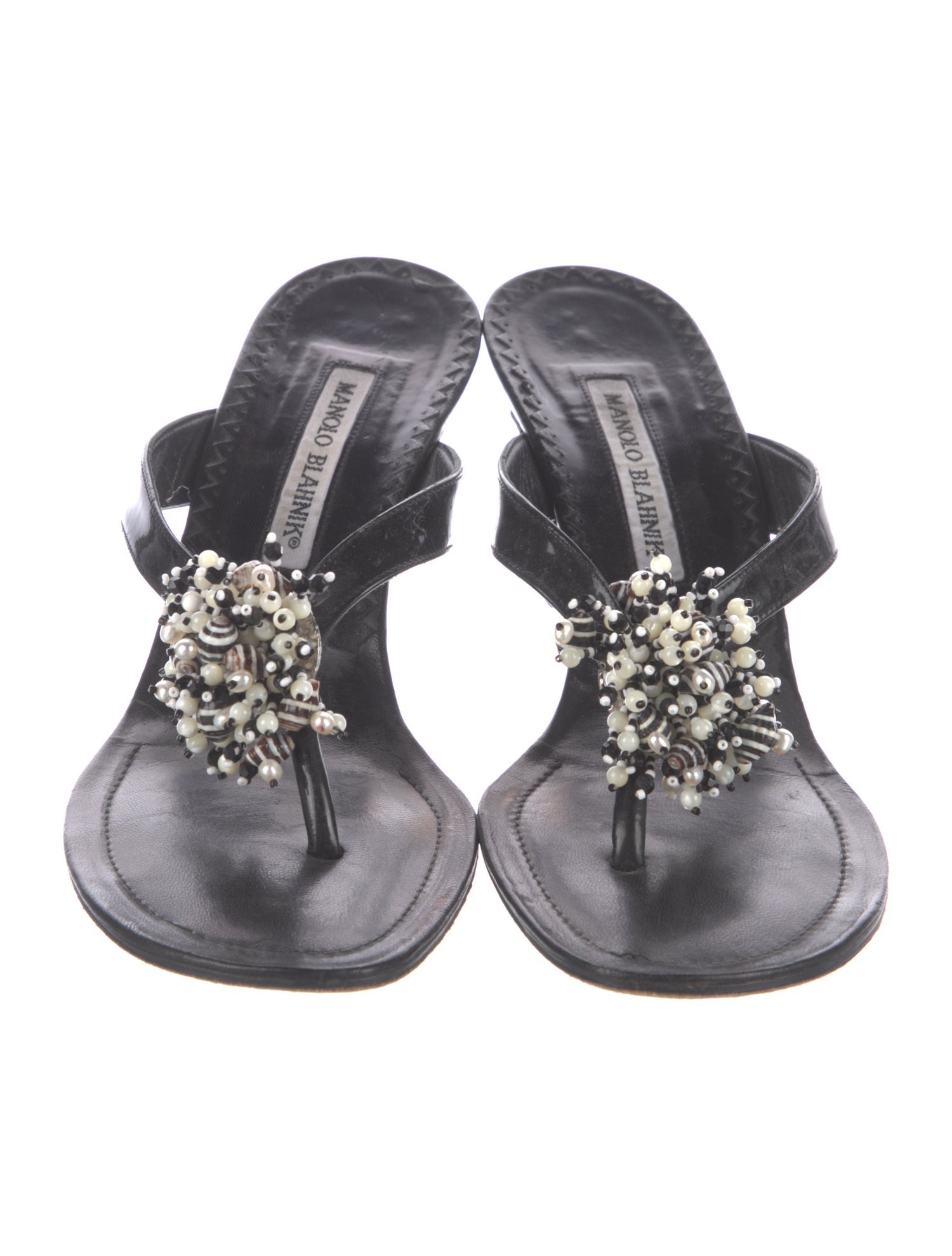 Manolo Blahnik Patent Leather Beaded Accents Flip Flops