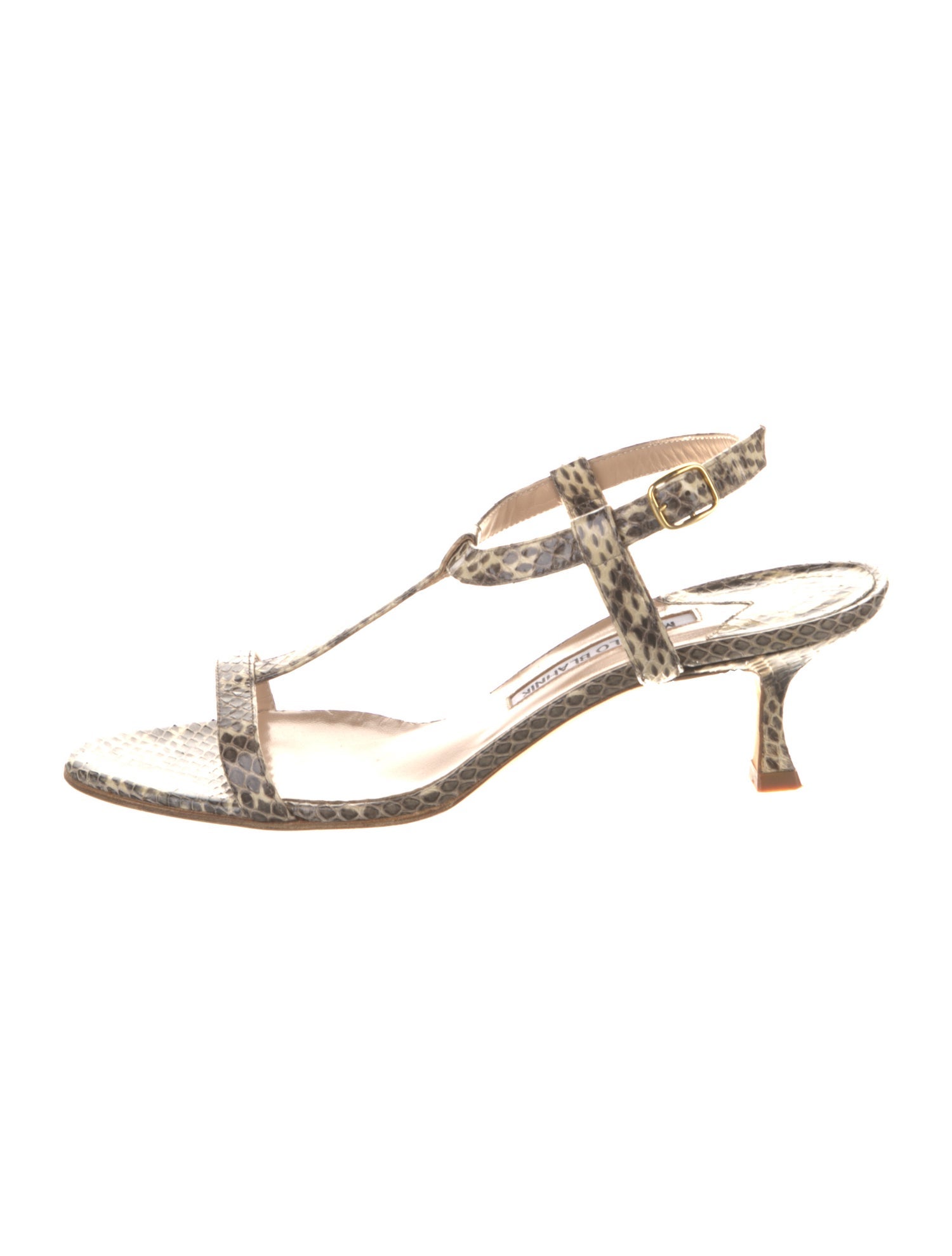 Manolo Blahnik Patent Leather Animal Print T-Strap Sandals