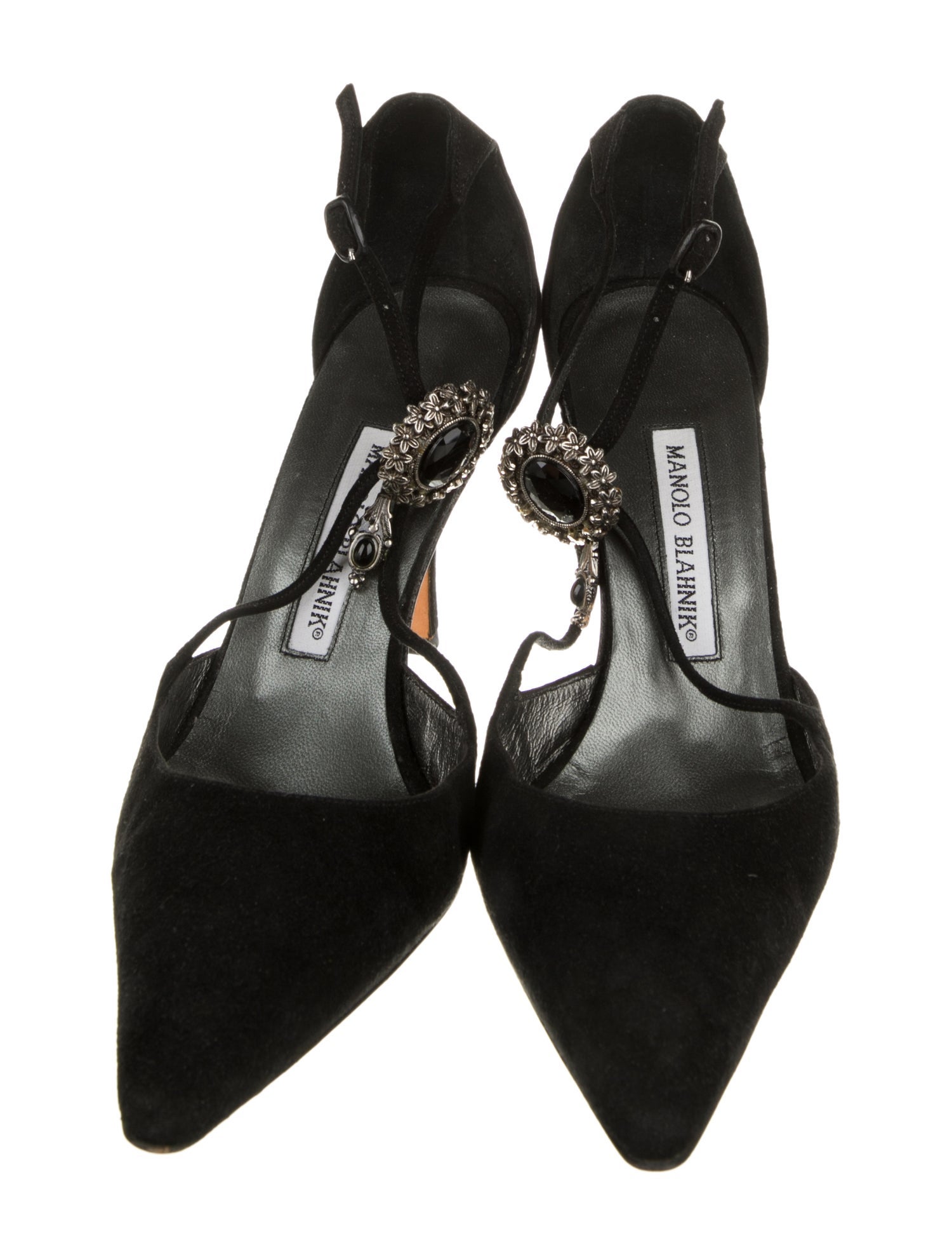 Manolo Blahnik Suede Crystal Embellishments T-Strap Pumps
