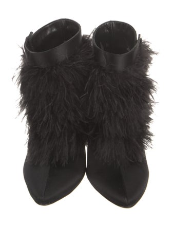 Manolo Blahnik Satin Feather Trim Mules