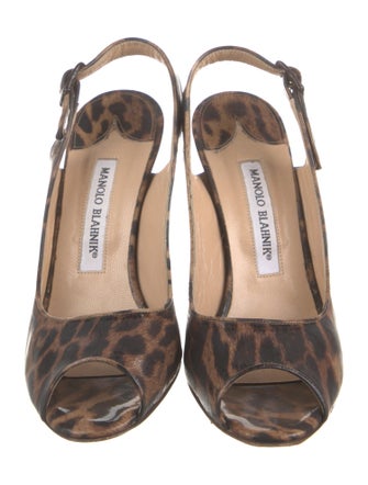 Manolo Blahnik Patent Leather Animal Print Slingback Pumps