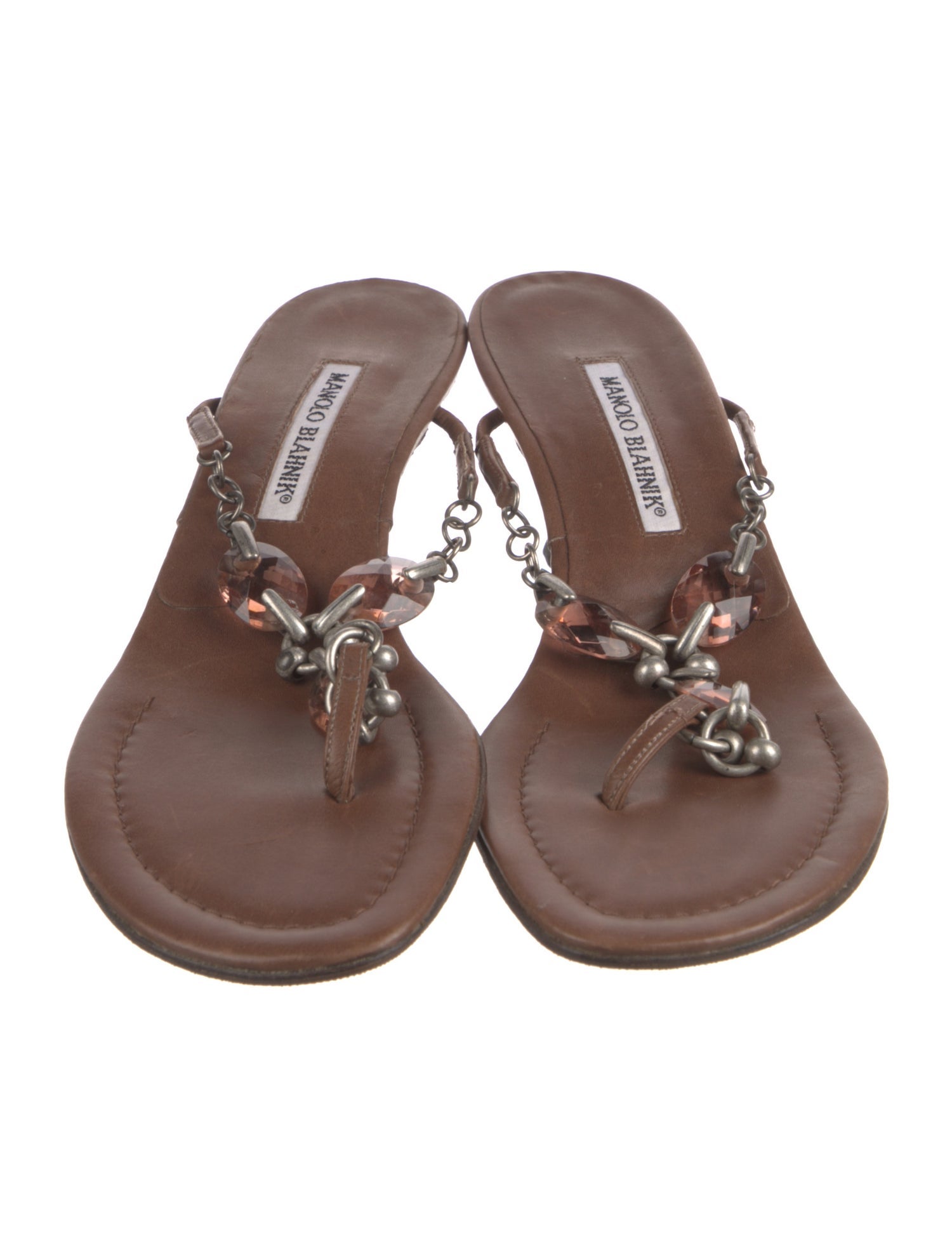 Manolo Blahnik Leather Chain-Link Accents T-Strap Sandals