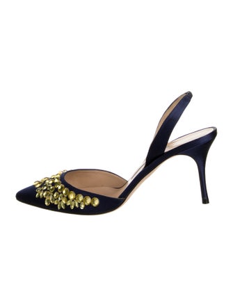 Manolo Blahnik Satin Crystal Embellishments Slingback Pumps