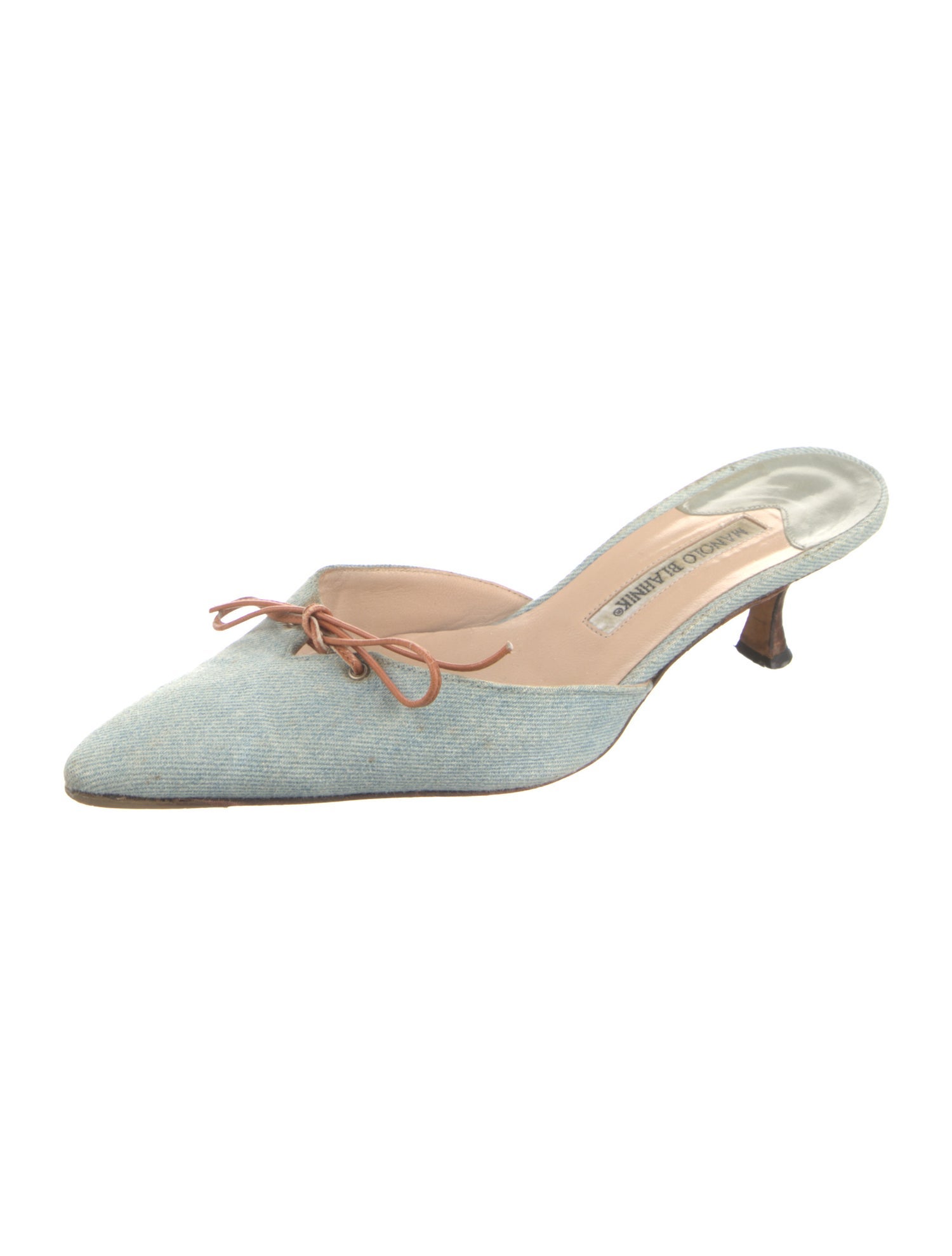 Manolo Blahnik Denim Bow Accents Mules