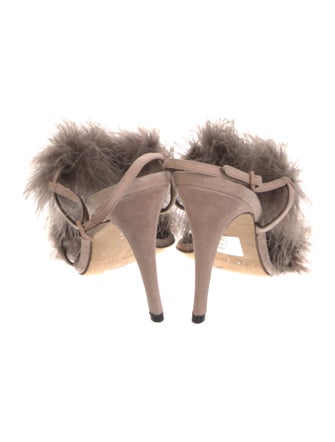 Manolo Blahnik Suede Feather Trim Slingback Sandals