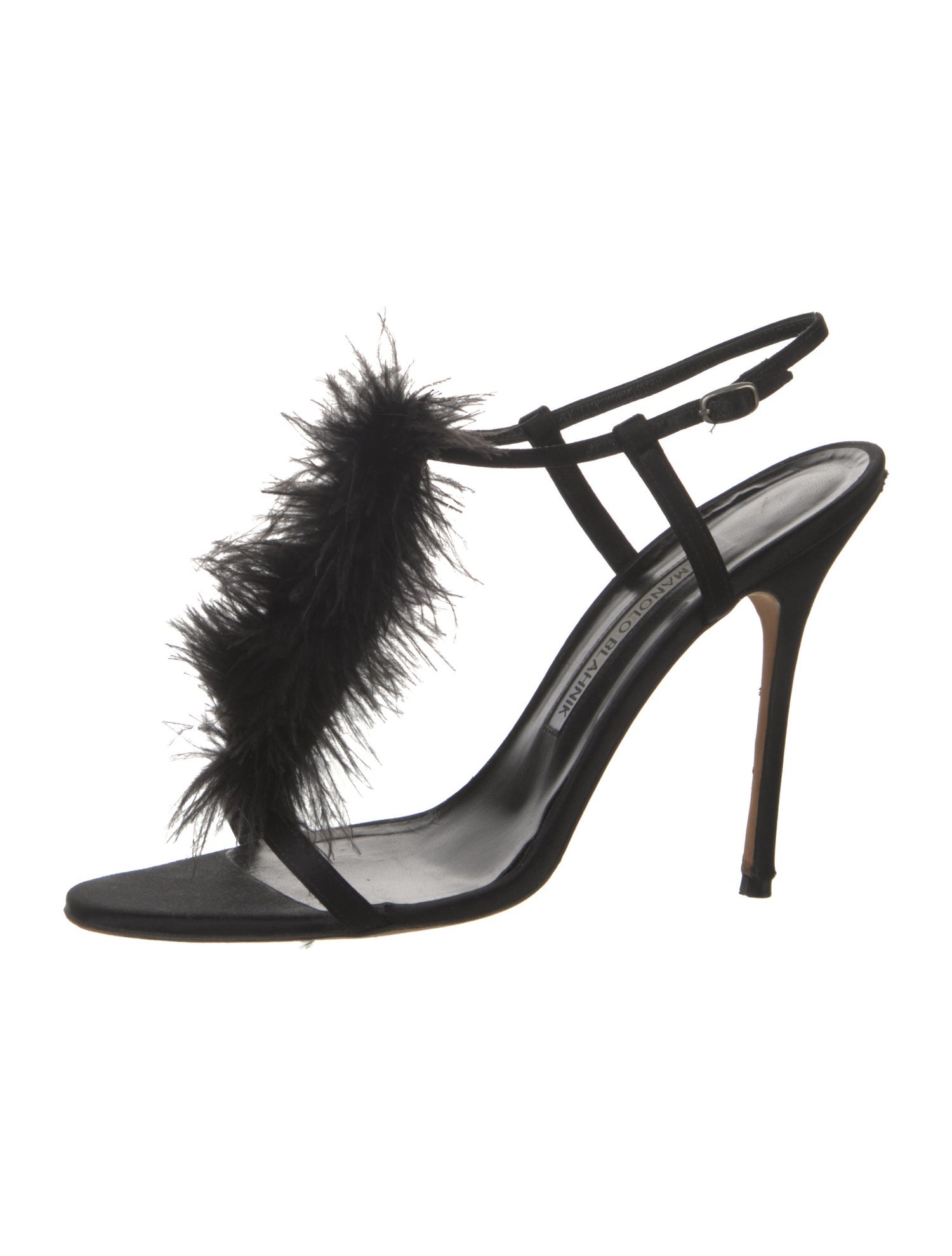 Manolo Blahnik Satin Feather Trim Slingback Sandals