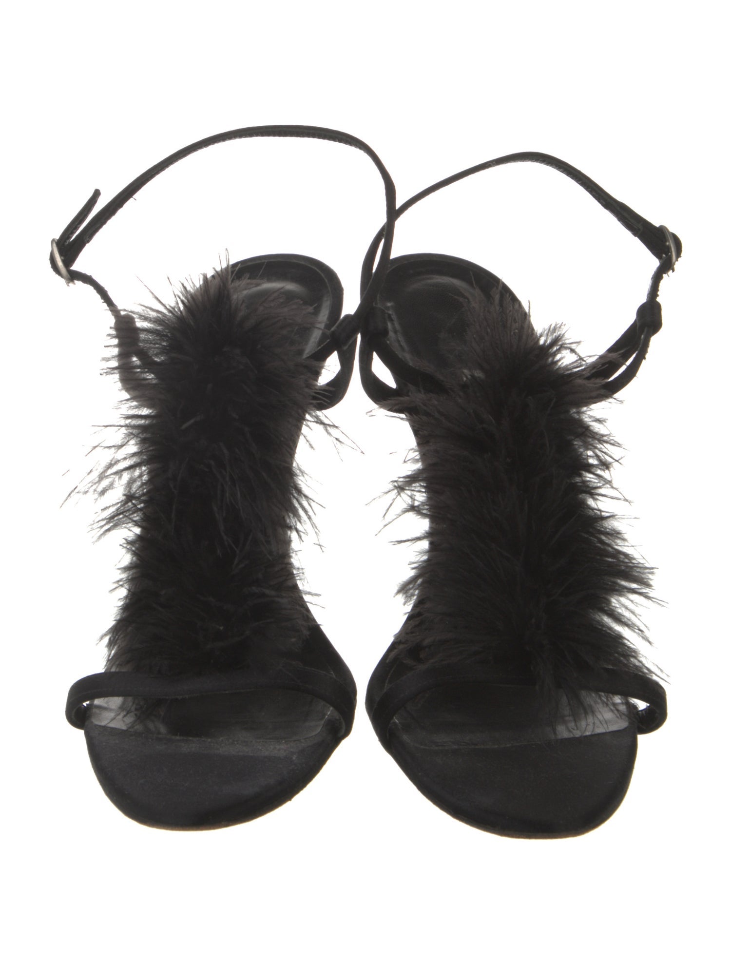 Manolo Blahnik Satin Feather Trim Slingback Sandals