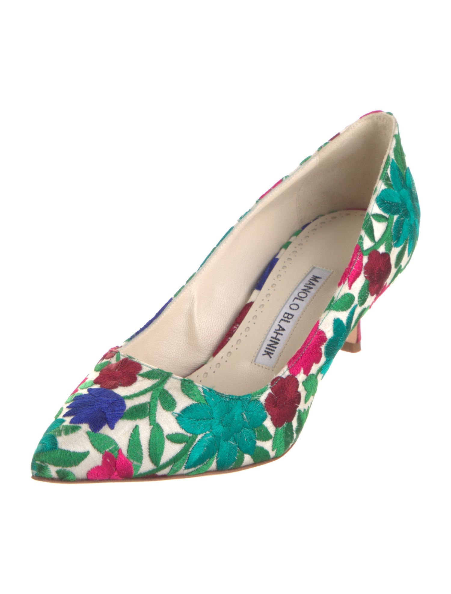 Manolo Blahnik Floral Print Embroidered Accent Pumps