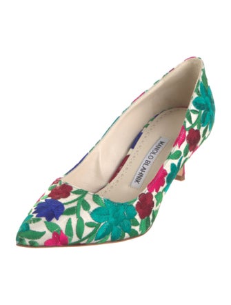 Manolo Blahnik Floral Print Embroidered Accent Pumps